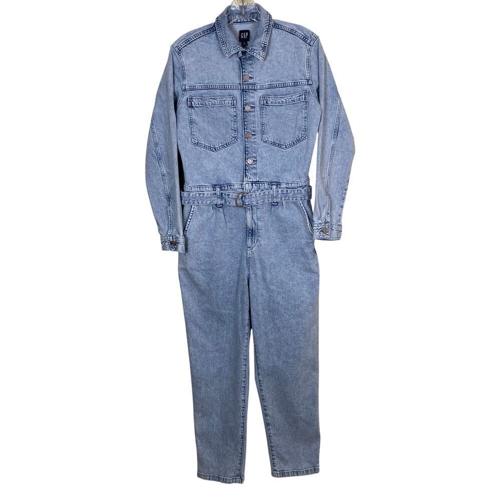 GAP Sz 4 Long Sleeve Belted Denim Jumpsuit Light Wash Indigo 90s Retro Utility - Picture 3 of 16
